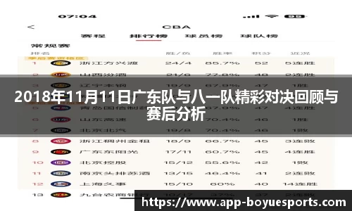 2018年11月11日广东队与八一队精彩对决回顾与赛后分析